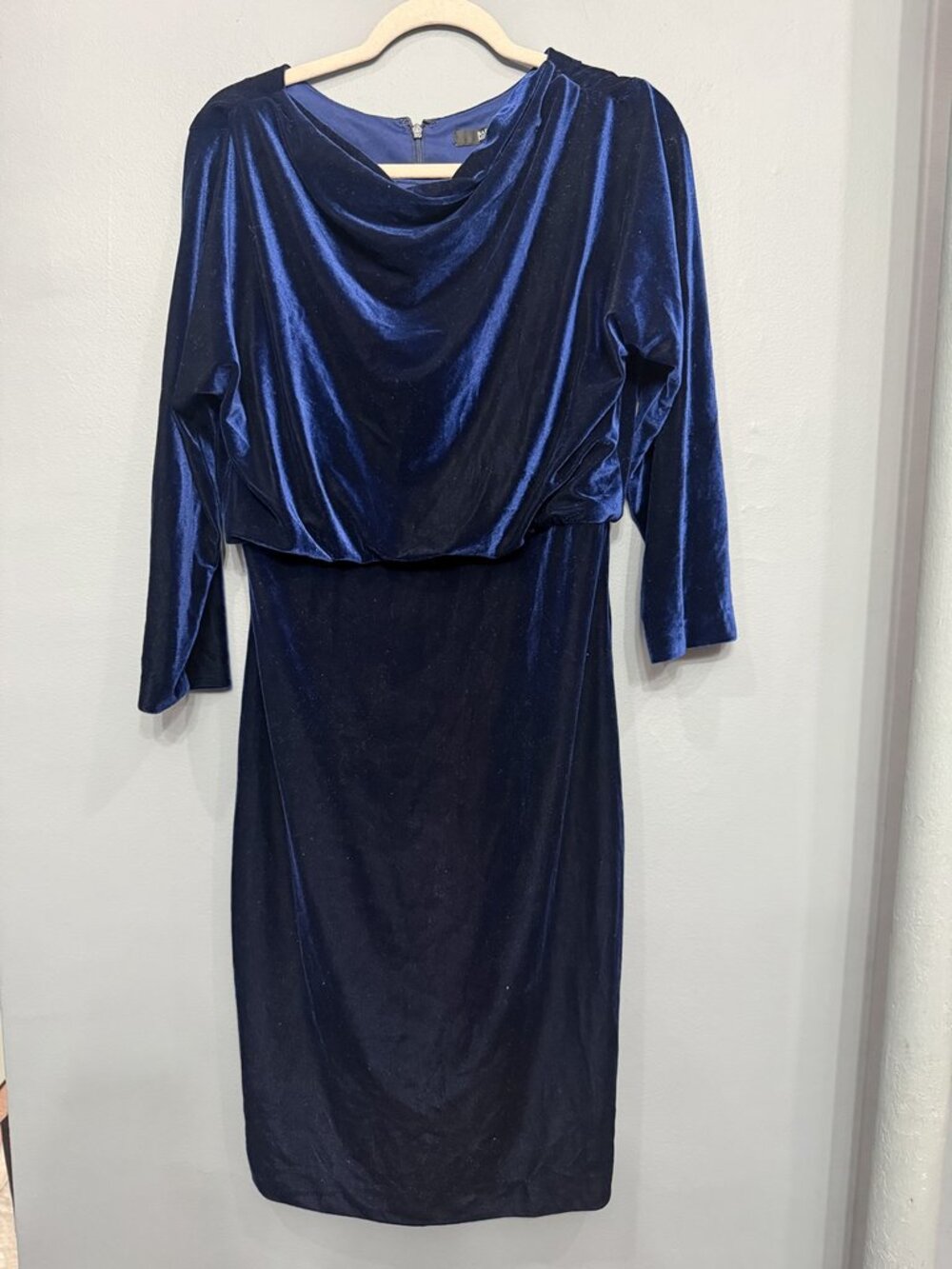 Badgley Mischka Navy Blue Velvet Long Sleeve Blouson Midi Dress Size 12